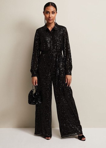 Phase Eight Petite Alessandra Sequin Jumpsuit Black Canada | PZACUV-654